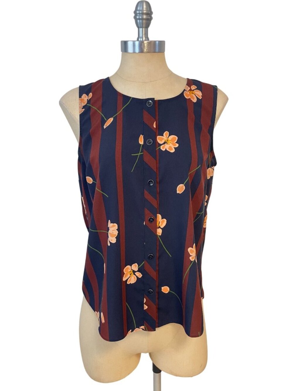 CAbi Scroll Sleeveless Top Woman Size Small Navy Brown Stripe Floral 3600 Small